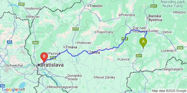 Map: Bratislava Airport (BTS) to Krupina