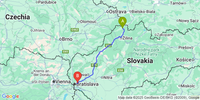 Map: Bratislava Airport (BTS) to Čadca