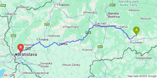 Map: Bratislava Airport (BTS) to Poltár