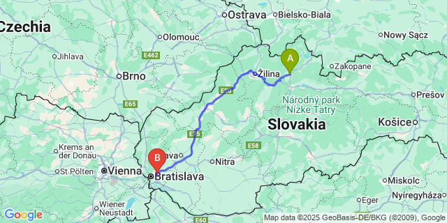 Map: Bratislava Airport (BTS) to Dolný Kubin