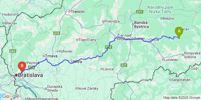 Map: Bratislava Airport (BTS) to Hnúšťa