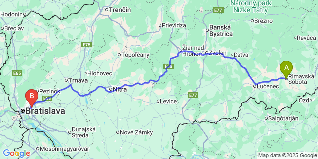 Map: Bratislava Airport (BTS) to Rimavská Sobota