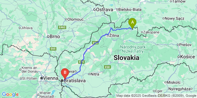 Map: Bratislava Airport (BTS) to Trstená