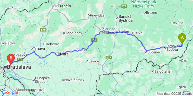 Map: Bratislava Airport (BTS) to Tornaľa
