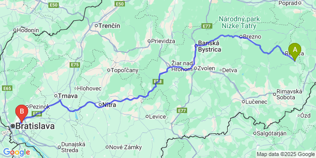 Map: Bratislava Airport (BTS) to Jelšava