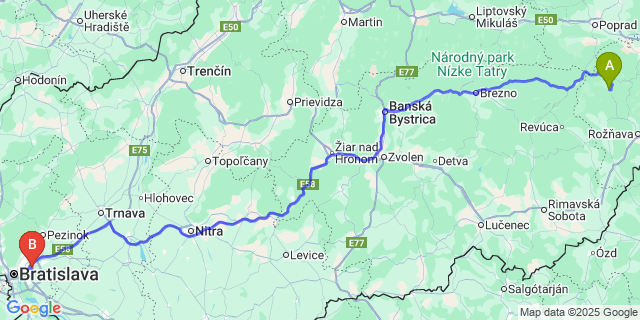 Map: Bratislava Airport (BTS) to Dobšiná
