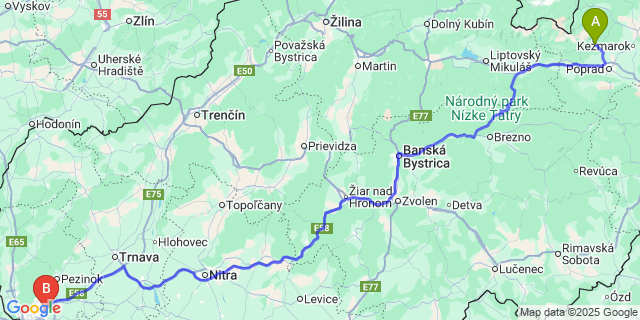 Map: Bratislava Airport (BTS) to Vysoké Tatry