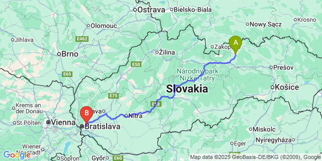 Map: Bratislava Airport (BTS) to Spišská Belá