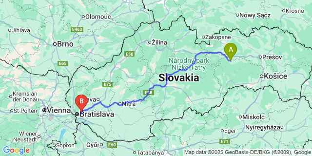 Map: Bratislava Airport (BTS) to Spišská Nová Ves