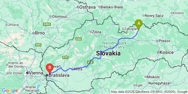 Map: Bratislava Airport (BTS) to Podolínec