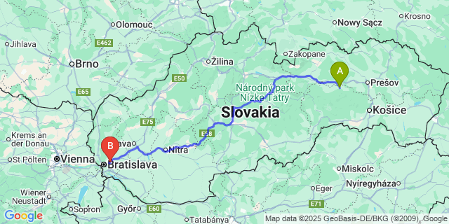 Map: Bratislava Airport (BTS) to Spišské Vlachy