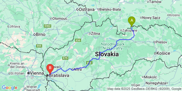 Map: Bratislava Airport (BTS) to Spišská Stará Ves