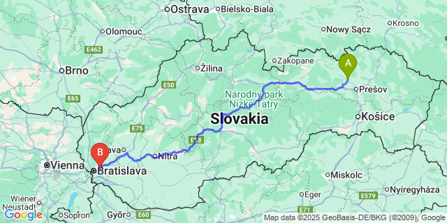 Map: Bratislava Airport (BTS) to Sabinov