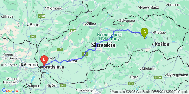 Map: Bratislava Airport (BTS) to Gelnica
