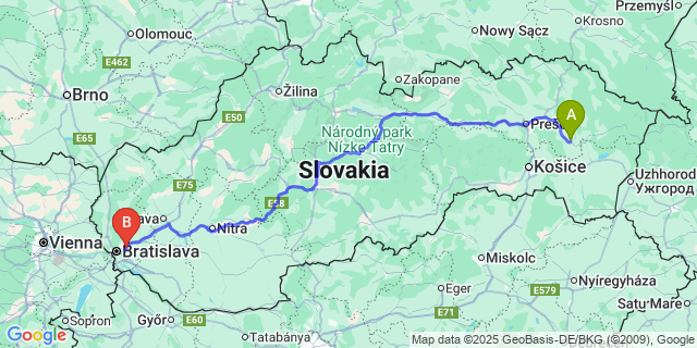 Map: Bratislava Airport (BTS) to Vranov nad Topľou