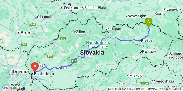 Map: Bratislava Airport (BTS) to Svidník