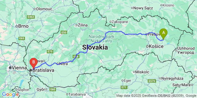Map: Bratislava Airport (BTS) to Strážske