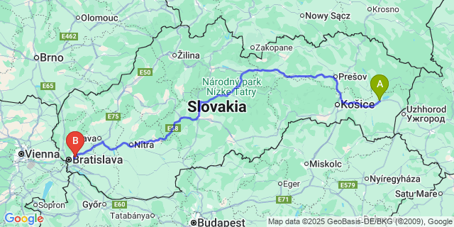 Map: Bratislava Airport (BTS) to Michalovce