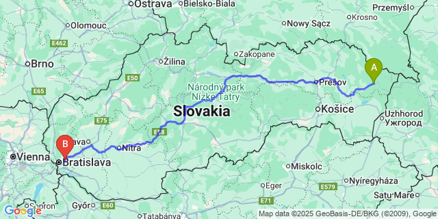 Map: Bratislava Airport (BTS) to Snina
