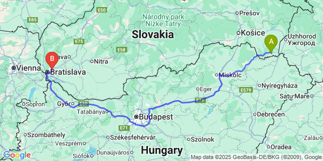 Map: Bratislava Airport (BTS) to Kráľovský Chlmec
