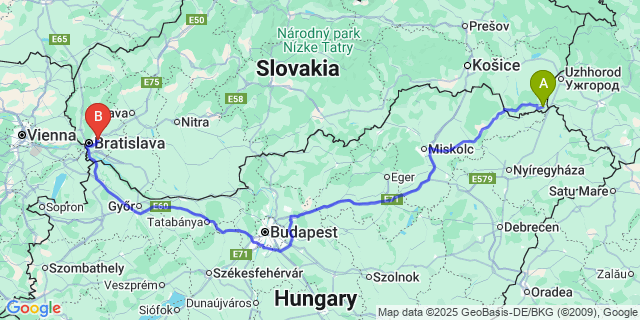 Map: Bratislava Airport (BTS) to Čierna nad Tisou