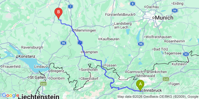 Map: Innsbruck Airport (INN) to Bezau