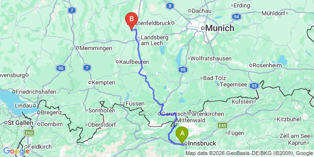 Map: Innsbruck Airport (INN) to Bichlbach