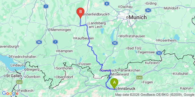 Map: Innsbruck Airport (INN) to Breitenwang