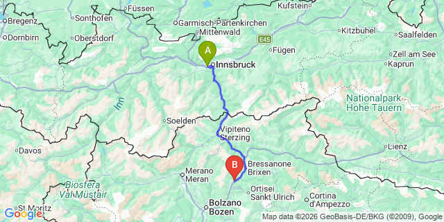 Map: Innsbruck Airport (INN) to Chiusa