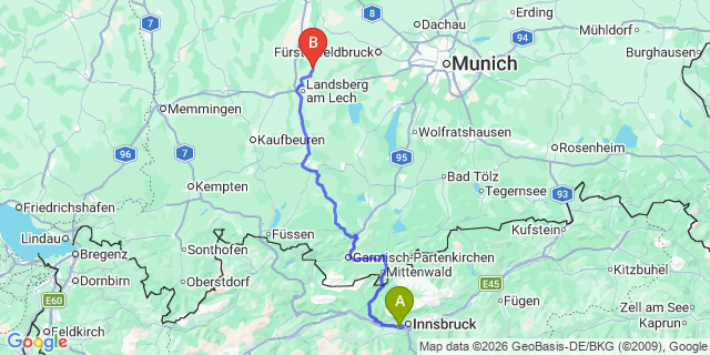 Map: Innsbruck Airport (INN) to Ehrwald