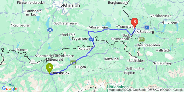 Map: Innsbruck Airport (INN) to Freilassing