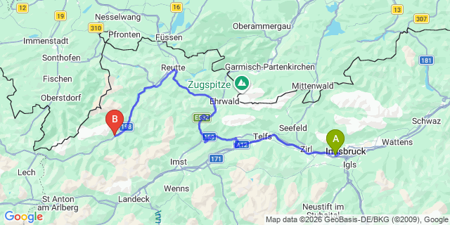 Map: Innsbruck Airport (INN) to Haselgehr
