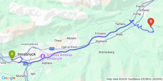 Map: Innsbruck Airport (INN) to Hochpillberg