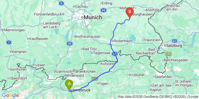 Map: Innsbruck Airport (INN) to Hollersbach im Pinzgau