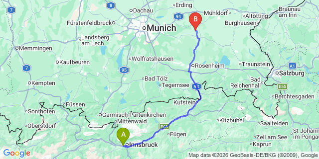 Map: Innsbruck Airport (INN) to Itter