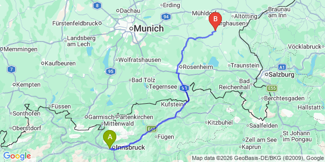 Map: Innsbruck Airport (INN) to Kartitsch