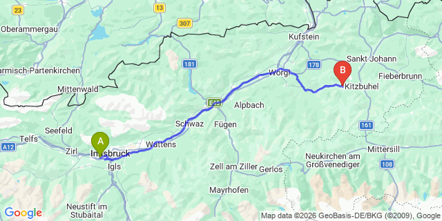 Map: Innsbruck Airport (INN) to Kirchberg