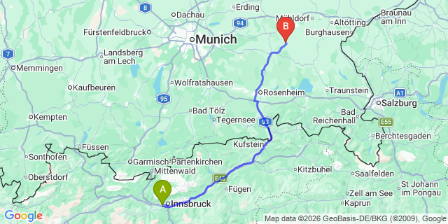 Map: Innsbruck Airport (INN) to Kirchberg in Tirol