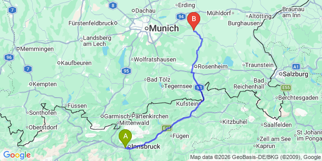 Map: Innsbruck Airport (INN) to Kirchbichl