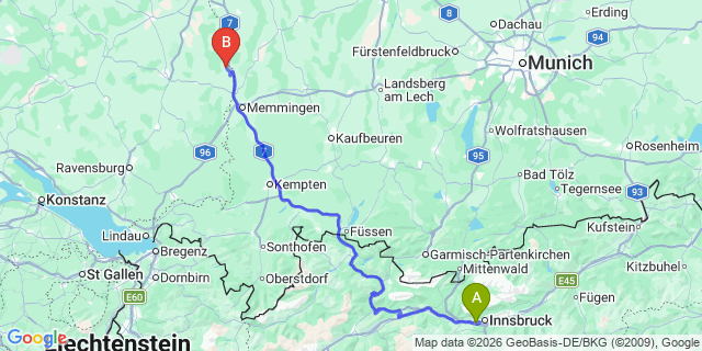 Map: Innsbruck Airport (INN) to Klosterle