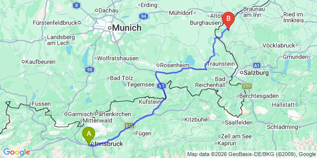 Map: Innsbruck Airport (INN) to Maria Alm