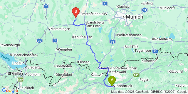 Map: Innsbruck Airport (INN) to Mils bei Imst