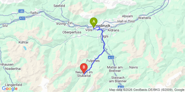 Map: Innsbruck Airport (INN) to Neustift
