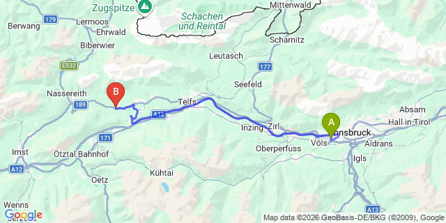 Map: Innsbruck Airport (INN) to Obsteig