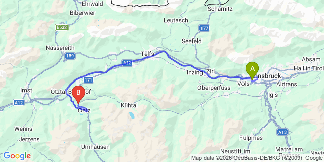 Map: Innsbruck Airport (INN) to otzerau