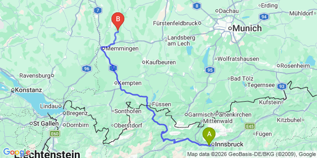 Map: Innsbruck Airport (INN) to Pettneu am Arlberg