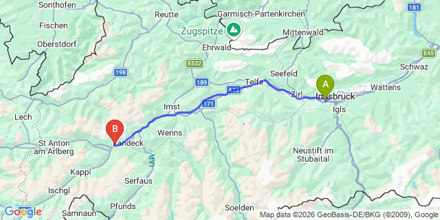 Map: Innsbruck Airport (INN) to Pians