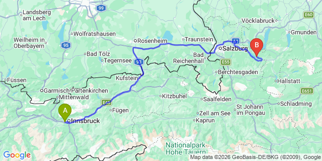 Map: Innsbruck Airport (INN) to St. Wolfgang im Salzkammergut