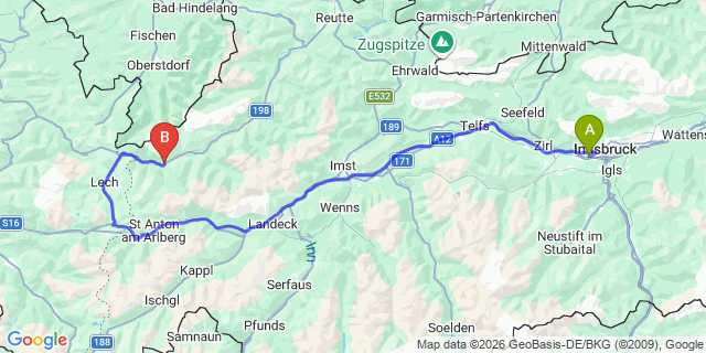 Map: Innsbruck Airport (INN) to Steeg (Winter)
