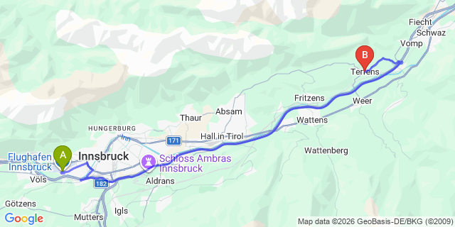 Map: Innsbruck Airport (INN) to Terfens